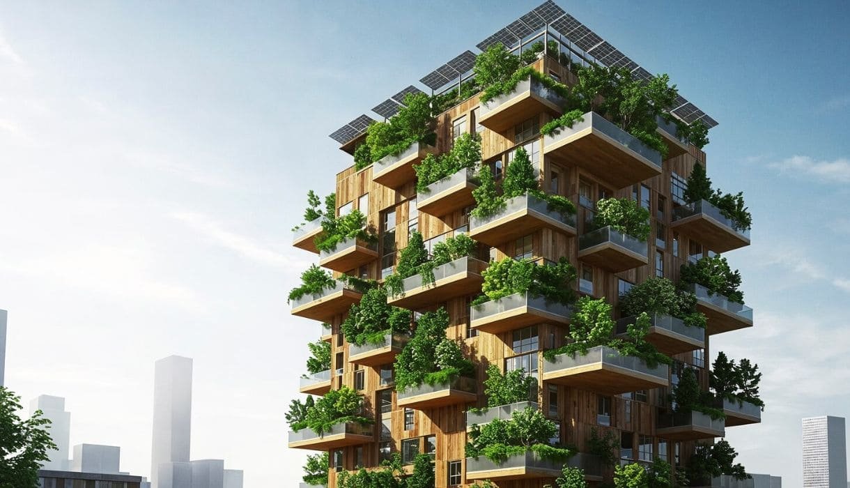 Modern eco-friendly architecture using sustainable materials and smart building practices