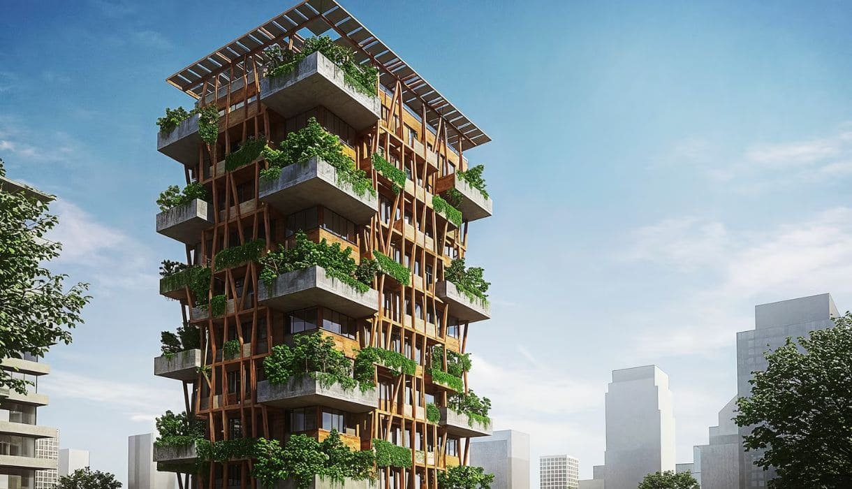 Eco-friendly building design with sustainable architectural solutions and modern aesthetics